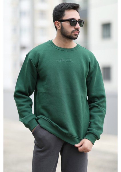 Erkek Kışlık Oversize Sweatshirt Yeşil Amazing Baskılı O Yaka Ribanalı - 10020