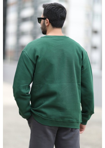 Erkek Kışlık Oversize Sweatshirt Yeşil Amazing Baskılı O Yaka Ribanalı - 10020