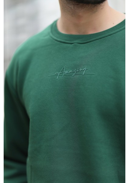 Erkek Kışlık Oversize Sweatshirt Yeşil Amazing Baskılı O Yaka Ribanalı - 10020