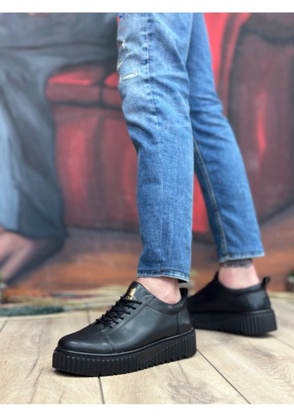 ET8104 Yüksek Siyah Taban Siyah Cilt Bağcıklı Erkek Ayakkabı modelleri