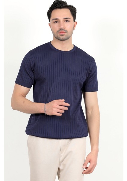 Erkek Bisiklet Yaka Kısa Kol Fitilli Triko T-Shirt Lacivert - 2502