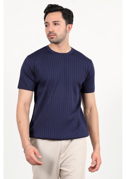Erkek Bisiklet Yaka Kısa Kol Fitilli Triko T-Shirt Lacivert - 2502 modelleri