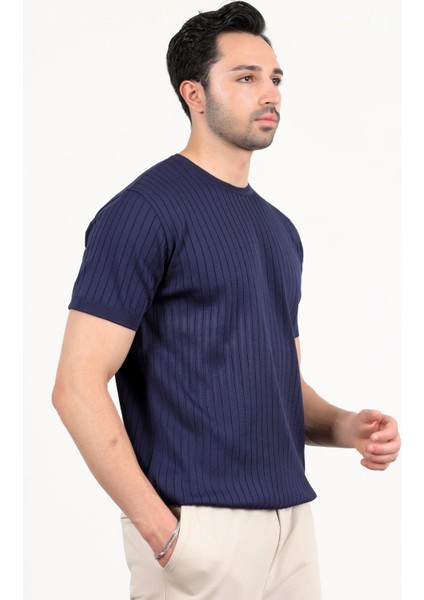 Erkek Bisiklet Yaka Kısa Kol Fitilli Triko T-Shirt Lacivert - 2502 fırsatları
