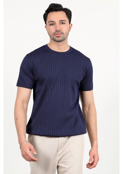 Erkek Bisiklet Yaka Kısa Kol Fitilli Triko T-Shirt Lacivert - 2502 indirimleri