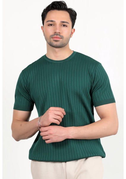 Erkek Bisiklet Yaka Kısa Kol Fitilli Triko T-Shirt Yeşil - 2502