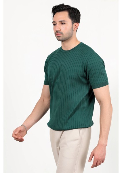 Erkek Bisiklet Yaka Kısa Kol Fitilli Triko T-Shirt Yeşil - 2502