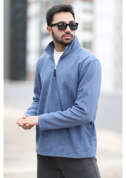 Erkek Kışlık Polarlı Sweatshirt Mavi Yarım Fermuarlı Dik Yaka Boğazlı - 6053