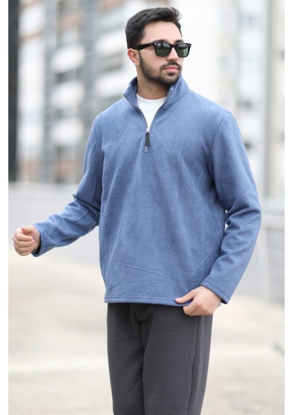 Erkek Kışlık Polarlı Sweatshirt Mavi Yarım Fermuarlı Dik Yaka Boğazlı - 6053
