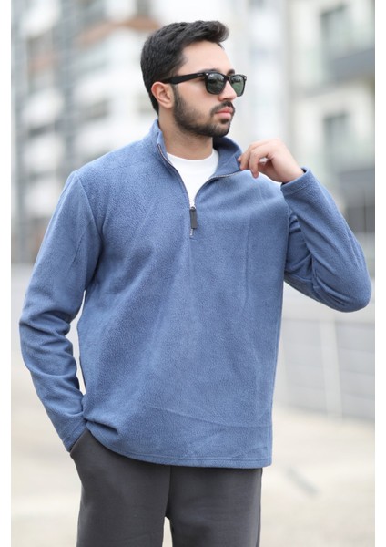 Erkek Kışlık Polarlı Sweatshirt Mavi Yarım Fermuarlı Dik Yaka Boğazlı - 6053