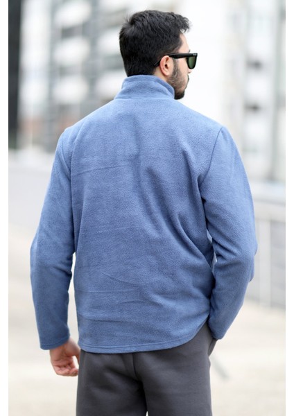 Erkek Kışlık Polarlı Sweatshirt Mavi Yarım Fermuarlı Dik Yaka Boğazlı - 6053