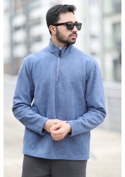 Erkek Kışlık Polarlı Sweatshirt Mavi Yarım Fermuarlı Dik Yaka Boğazlı - 6053