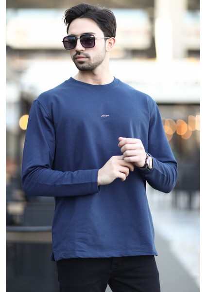 Erkek Bisiklet Yaka Baskı Detaylı 2iplik Sweatshirt Lacivert - 5725