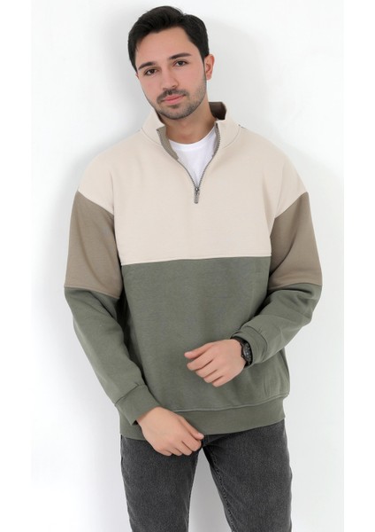 Erkek Dik Yaka Sweatshirt Haki 3 Iplik Yarım Fermuarlı Garnili Ribanalı - 5719