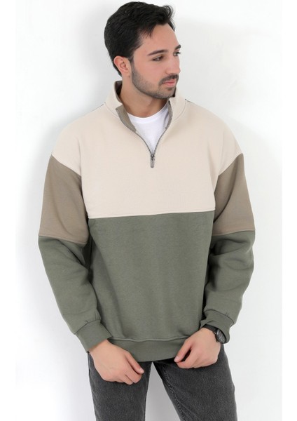 Erkek Dik Yaka Sweatshirt Haki 3 Iplik Yarım Fermuarlı Garnili Ribanalı - 5719 fiyatları