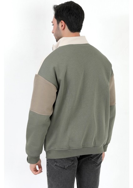 Erkek Dik Yaka Sweatshirt Haki 3 Iplik Yarım Fermuarlı Garnili Ribanalı - 5719 modelleri
