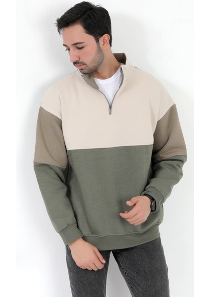 Erkek Dik Yaka Sweatshirt Haki 3 Iplik Yarım Fermuarlı Garnili Ribanalı - 5719 fırsatları
