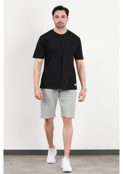 Erkek Beli Lastikli Bağcıklı Cepli Dokulu Şort Gri Melanj - 8043