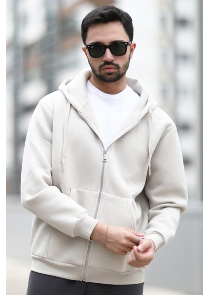 Erkek Kapüşonlu Sweatshirt Fermuarlı Bej Çift Cepli 3ip Şardonlu Pamuk Karışımlı Hoodie - 24K5487 fiyatları