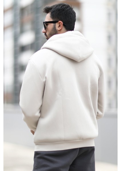 Erkek Kapüşonlu Sweatshirt Fermuarlı Bej Çift Cepli 3ip Şardonlu Pamuk Karışımlı Hoodie - 24K5487 modelleri