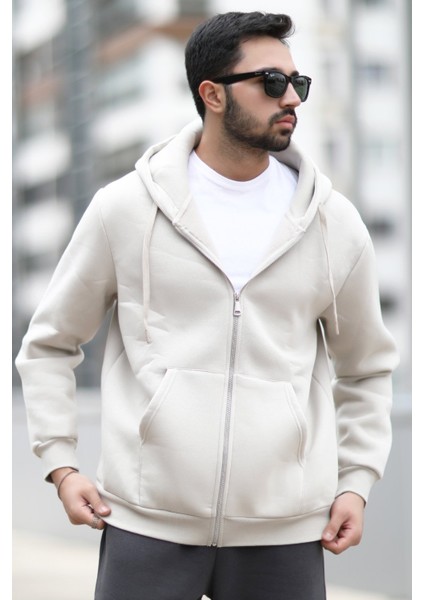 Erkek Kapüşonlu Sweatshirt Fermuarlı Bej Çift Cepli 3ip Şardonlu Pamuk Karışımlı Hoodie - 24K5487 fırsatları