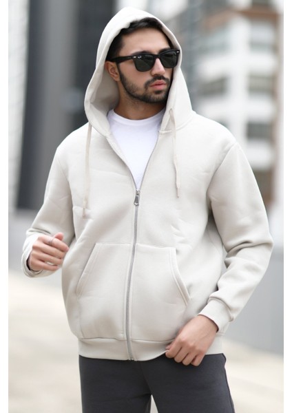 Erkek Kapüşonlu Sweatshirt Fermuarlı Bej Çift Cepli 3ip Şardonlu Pamuk Karışımlı Hoodie - 24K5487 indirimleri
