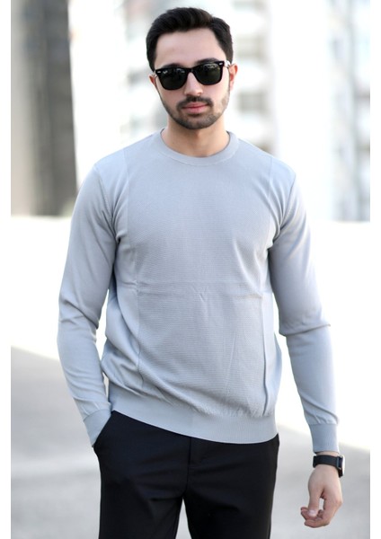 Erkek Pirinç Örgü Kazak Gri O Yaka Ribanalı %100 Mikro Flament Triko - 1007