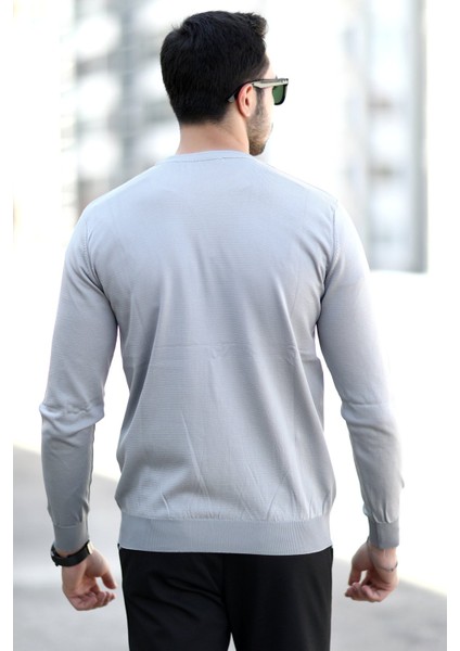 Erkek Pirinç Örgü Kazak Gri O Yaka Ribanalı %100 Mikro Flament Triko - 1007 modelleri