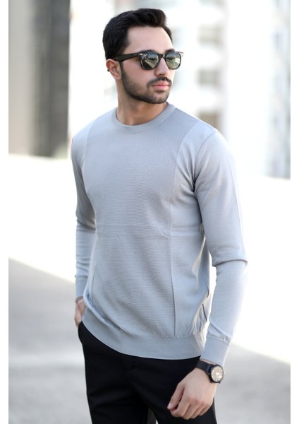 Erkek Pirinç Örgü Kazak Gri O Yaka Ribanalı %100 Mikro Flament Triko - 1007 fırsatları