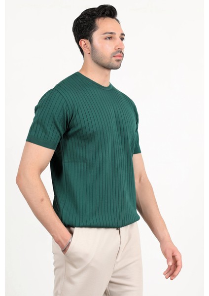 Erkek Bisiklet Yaka Kısa Kol Fitilli Triko T-Shirt Yeşil - 2502
