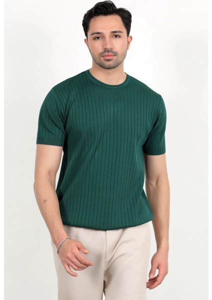 Erkek Bisiklet Yaka Kısa Kol Fitilli Triko T-Shirt Yeşil - 2502