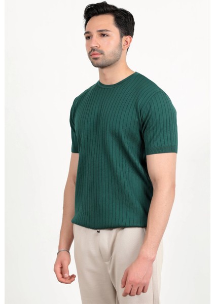 Erkek Bisiklet Yaka Kısa Kol Fitilli Triko T-Shirt Yeşil - 2502 fiyatları