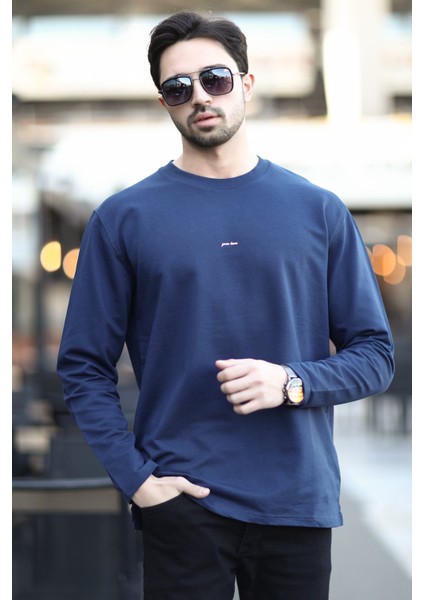 Erkek Bisiklet Yaka Baskı Detaylı 2iplik Sweatshirt Lacivert - 5725