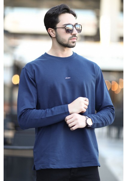 Erkek Bisiklet Yaka Baskı Detaylı 2iplik Sweatshirt Lacivert - 5725