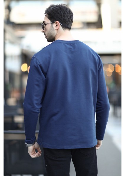 Erkek Bisiklet Yaka Baskı Detaylı 2iplik Sweatshirt Lacivert - 5725