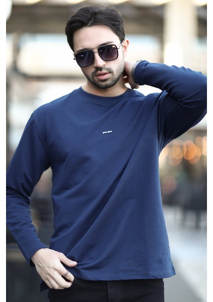 Erkek Bisiklet Yaka Baskı Detaylı 2iplik Sweatshirt Lacivert - 5725