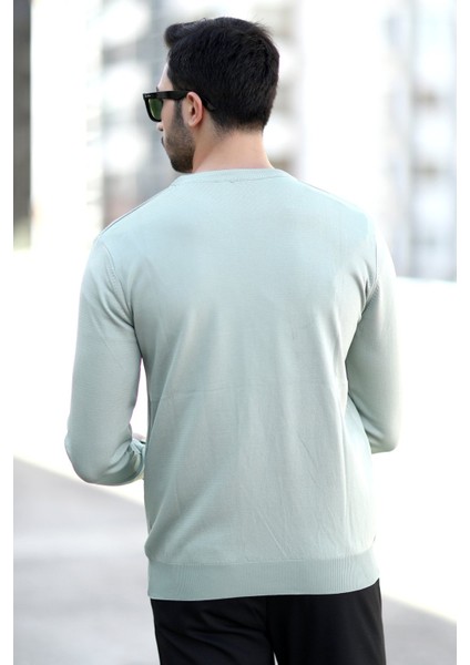 Erkek Pirinç Örgü Kazak Açık Yeşil O Yaka Ribanalı %100 Mikro Flament Triko - 1007 modelleri