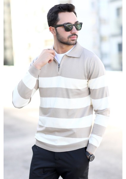 Erkek Polo Yaka Örme Kazak Vizon Yarım Fermuarlı Çizgili %100 Mikro Flament - 1069