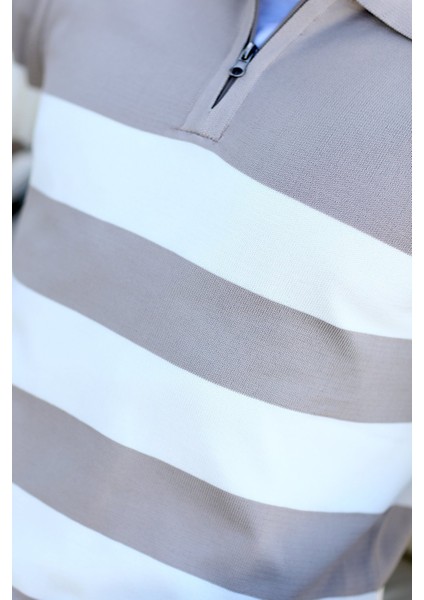 Erkek Polo Yaka Örme Kazak Vizon Yarım Fermuarlı Çizgili %100 Mikro Flament - 1069 fiyatları