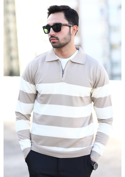 Erkek Polo Yaka Örme Kazak Vizon Yarım Fermuarlı Çizgili %100 Mikro Flament - 1069 modelleri