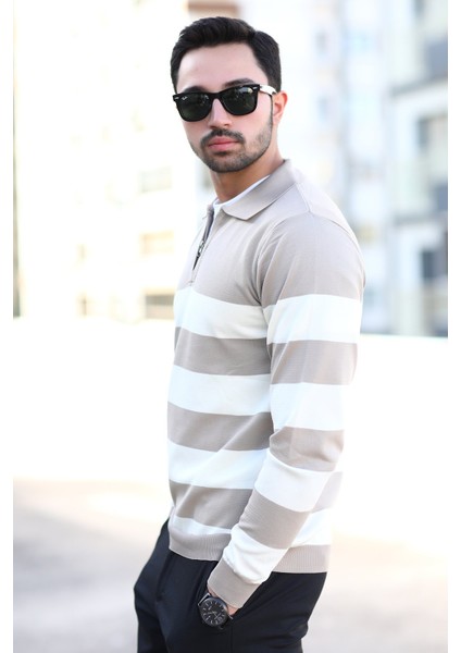 Erkek Polo Yaka Örme Kazak Vizon Yarım Fermuarlı Çizgili %100 Mikro Flament - 1069 fırsatları