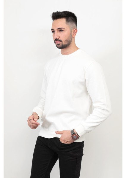 Erkek Ekru Renk Bisiklet Yaka Diagonel Çelikli Interlok Sweat - 5471