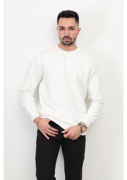 Erkek Ekru Renk Bisiklet Yaka Diagonel Çelikli Interlok Sweat - 5471 fırsatları