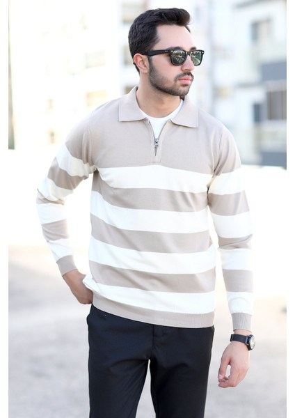 Erkek Polo Yaka Örme Kazak Vizon Yarım Fermuarlı Çizgili %100 Mikro Flament - 1069 indirimleri