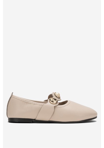 Kadın Oval Burun Aksesuar Bantlı Babet Ayakkabı BEJ