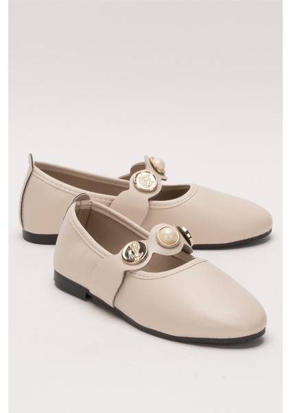 Kadın Oval Burun Aksesuar Bantlı Babet Ayakkabı BEJ