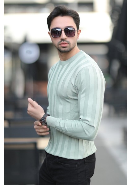 Erkek Bisiklet Yaka Fitilli %100 Mikro Flament Triko Açık Yeşil - 1006