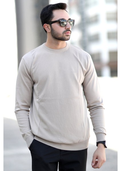 Erkek Pirinç Örgü Kazak Vizon O Yaka Ribanalı %100 Mikro Flament Triko - 1007