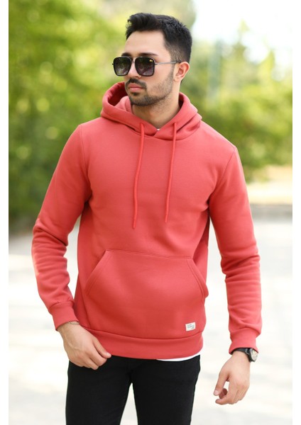 Kiremit Rengi Erkek Kapüşonlu Sweatshirt Kanguru Cepli Pamuk Karışımlı Oversize Hoodie - 5281