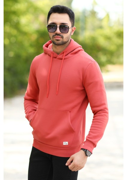 Kiremit Rengi Erkek Kapüşonlu Sweatshirt Kanguru Cepli Pamuk Karışımlı Oversize Hoodie - 5281