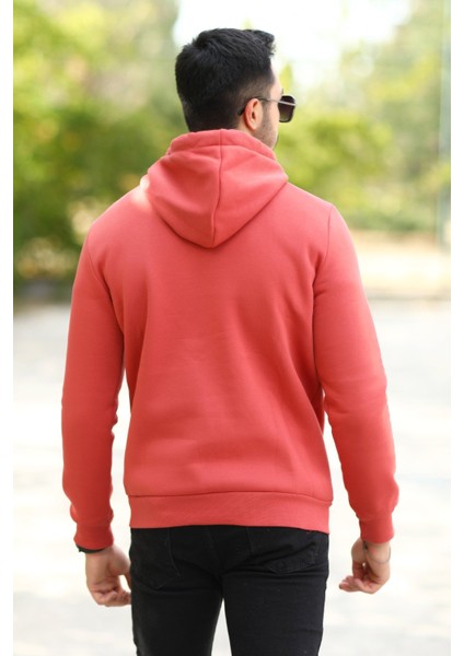 Kiremit Rengi Erkek Kapüşonlu Sweatshirt Kanguru Cepli Pamuk Karışımlı Oversize Hoodie - 5281
